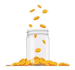 Glass money jar full of gold coins, Flat style vector illustration.