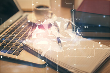 Double exposure of brain drawing and desktop with coffee and items on table background. Concept of...