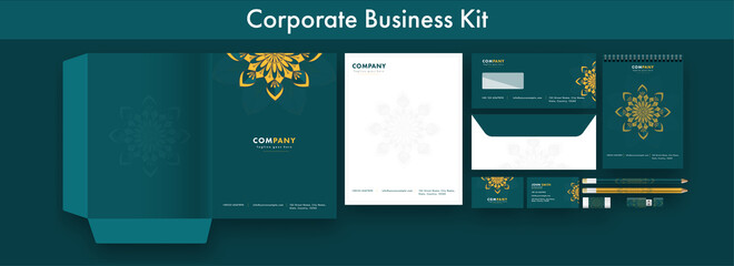 Presentation Of Corporate Business Or Identity Kits In Teal And White Color.