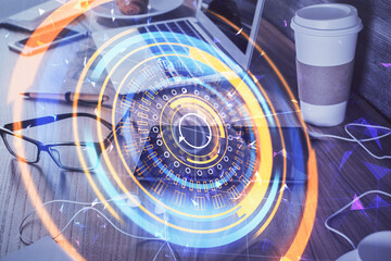 Double exposure of tech theme sketch over cell phone background. Concept of technology