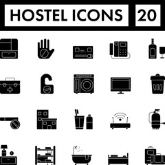 Illustration Of Hostel Icon Set In Glyph Style.
