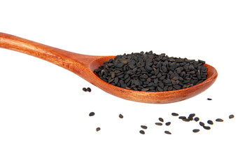 Black sesame spice in wooden spoon isolated on the white background