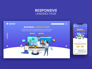 Business Landing Page Design With Smartphone And Teamwork Illustration On Blue Background.