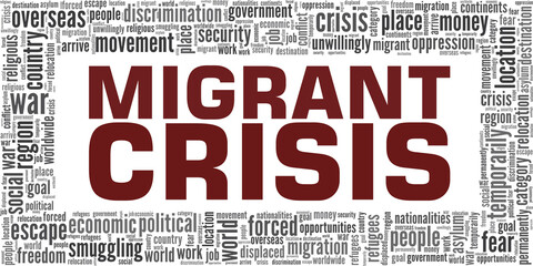 Migrant crisis vector illustration word cloud isolated on a white background.