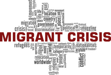 Migrant crisis vector illustration word cloud isolated on a white background.
