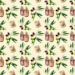 a set of patterns. spa textiles. candles and oils. roller for facial massage. olive branch.