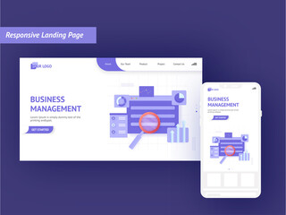 Responsive Landing Page Design With Smartphone Illustration For Business Management Concept.