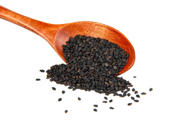 Black sesame spice in wooden spoon isolated on the white background