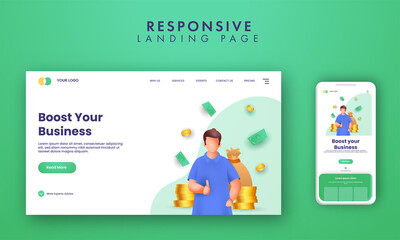 Responsive Landing Page Design With 3D Rendering Man Showing Thumb Up And Currencies On White Background.