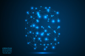 Abstract letters font is made up of triangles, lines, dots and connections. On a dark blue background, stars of the cosmic universe, meteorites, galaxies. Vector illustration eps 10.