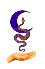Sacred esoteric snake with stars and moon on hand. Watercolor beautiful astrology illustration for feminine tattoo, card