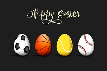 Happy Easter. Eggs in the form of a soccer, basketball, tennis, baseball ball on an isolated background. Pattern for greeting card, banner, poster, flyer, ad, invitation. Vector illustration