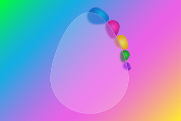 Frame in the shape of an egg. Place for your text. Festive postcard. Frosted glass egg. Vector illustration. Style Glass morphism. Ornament from colored Easter eggs. Isolated colorful background. 