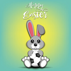 Happy Easter. Easter Rabbit with soccer ball on an isolated background. Pattern for greeting card, banner, poster, invitation. Vector illustration