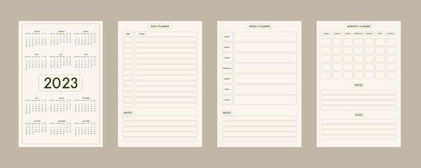 2023 calendar daily weekly monthly personal planner diary template minimalist trendy style, pastel beige olive natural color palette. Week starts on sunday
