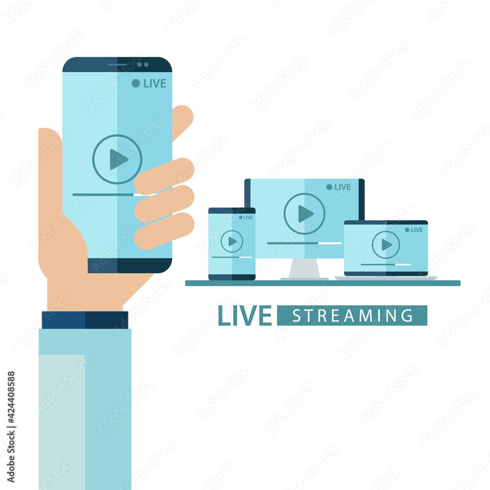 Poster video player window live streaming. hand holding smartphone with play button on screen. desktop comp