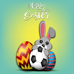 Happy Easter. Rabbit with easter eggs decorated in the form of a soccer ball on an isolated background. Pattern for greeting card, banner, poster, invitation. Vector illustration