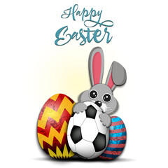 Happy Easter. Rabbit with easter eggs decorated in the form of a soccer ball on an isolated background. Pattern for greeting card, banner, poster, invitation. Vector illustration