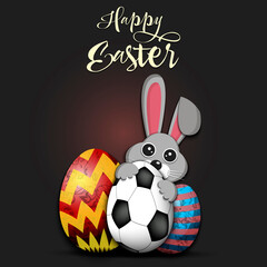 Happy Easter. Rabbit with easter eggs decorated in the form of a soccer ball on an isolated background. Pattern for greeting card, banner, poster, invitation. Vector illustration