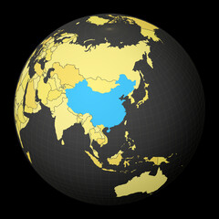 China on dark globe with yellow world map. Country highlighted with blue color. Satellite world projection centered to China. Captivating vector illustration.