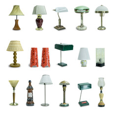 set of retro, vintage table lamps isolated on white background