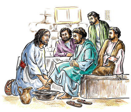 Maundy Thursday, Good or Holy Thursday color illustration with washing of the feet. Jesus and the Apostles.