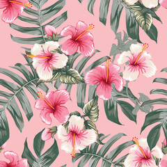 Seamless floral pattern pink Hibiscus flowers on isolated dark pink pastel background.Vector illustration watercolor hand drawning.For fabric print design texture