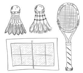 Black-white set with badminton elements. Hand-drawn and isolated on a white background. Collection of hand-drawn cozy elements for you design.
