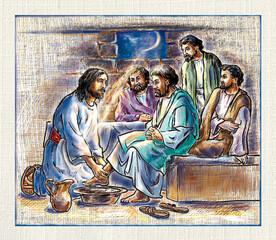 Maundy Thursday, Good or Holy Thursday color illustration with washing of the feet. Jesus and the Apostles.
