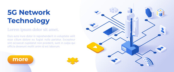 5G NETWORK TECHNOLOGY - Isometric Design in Trendy Colors Isometrical Icons on Blue Background. Banner Layout Template for Website Development