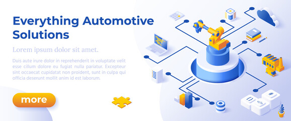 EVERYTHING AUTOMOTIVE SOLUTIONS - Isometric Design in Trendy Colors Isometrical Icons on Blue Background. Banner Layout Template for Website Development