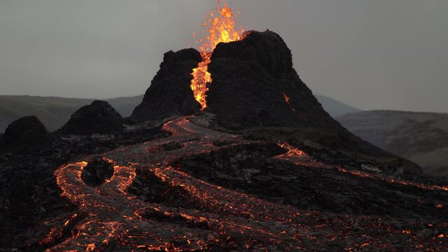 Volcanic eruption Iceland 2021 cone and lava flow close up
