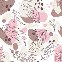 Abstract seamless pattern with tropical leaves. Vector Hand drawn texture with different leaves, lines, dots and shapes. Foliage line art drawing with abstract shape in Scandinavian style
