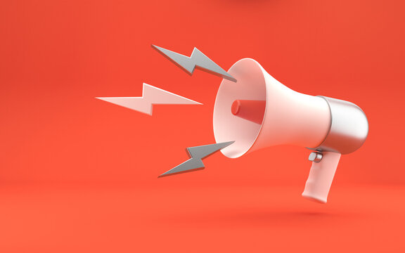 Megaphone with with loud voice symbols and copy space on bright red background. 3d rendering.