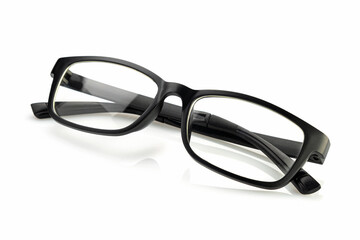 Glasses in black, with transparent optics, on a white background