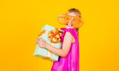 happy teen girl with present box, childhood happiness