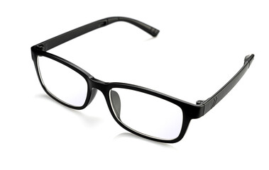 Glasses in black, with transparent optics, on a white background