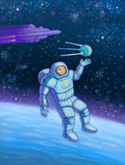 An astronaut with a satellite in Earth orbit. Use for illustration purposes.