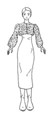 Beautiful girl in long dress, one stroke simple bright fashion illustration, vector