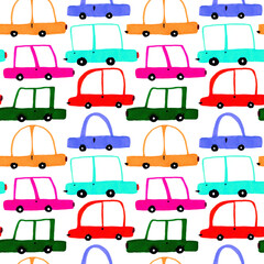 Naklejka premium Cartoon car seamless pattern. Illustration for fabric und textile design, wallpaper, wrapping, surface design, decoration.