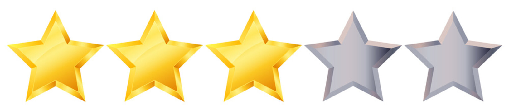 Three 3 star rank sign. Glossy golden star sticker icon rating isolated on white background. 3d three gold stars from five gray stars. Vector isolated illustration EPS10