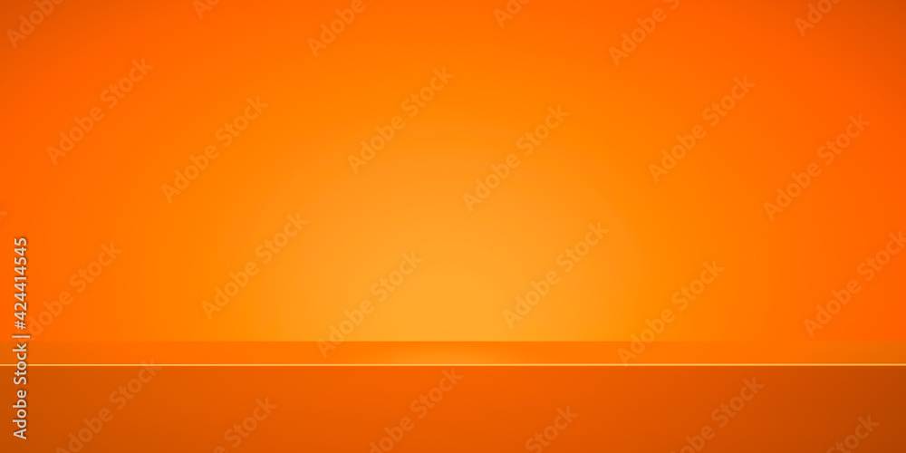 Poster Orange product background stand or podium pedestal on empty display with glowing light backdrops. 3D rendering.