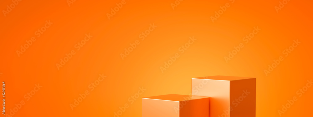 Poster Orange product background stand or podium pedestal on empty display with glowing light backdrops. 3D rendering.