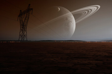 planet in the sky and power lines, science fiction futuristic landscape