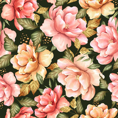 Seamless floral pattern with pink and yellow flowers on dark green background