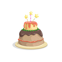Birthday cake with candle, chocolate cream and cherry decorations. Cartoon style vector drawing. Dessert for celebration in funny style. Isolated on white.