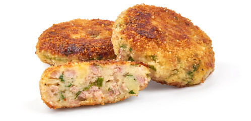 Fried breaded pork chops, cutlets in breadcrumbs, Traditional Polish dish, close-up, isolated on white background