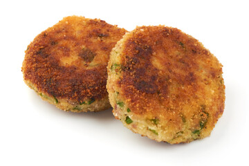 Fried breaded pork chops, cutlets in breadcrumbs, Traditional Polish dish, close-up, isolated on white background
