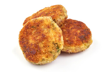 Fried breaded pork chops, cutlets in breadcrumbs, Traditional Polish dish, close-up, isolated on white background