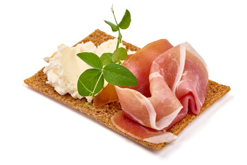 Sandwich with cream cheese and jamon, close-up, isolated on white background. High resolution image
